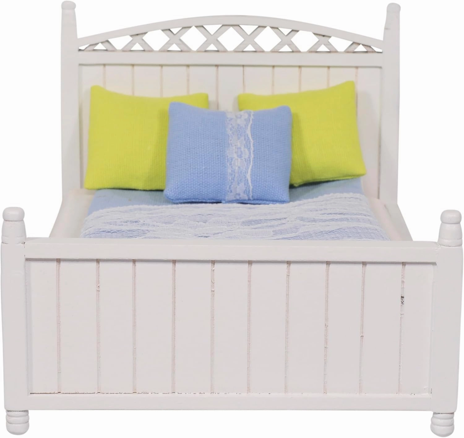 Dollhouse Furniture Queen Bed Set, Mini Bedroom Accessories for 6 inch Dolls, Blue Bedding, White Wooden Frame, 1/12 Scale