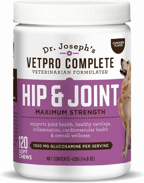 Dr. Joseph's VetPro Complete Dog Hip and Joint Supplement, 120 Count, Chicken Flavored Pain and Inflammation Relief Chews with Glucosamine, Chondroitin, MSM, Turmeric, Vitamin C, Omega 3