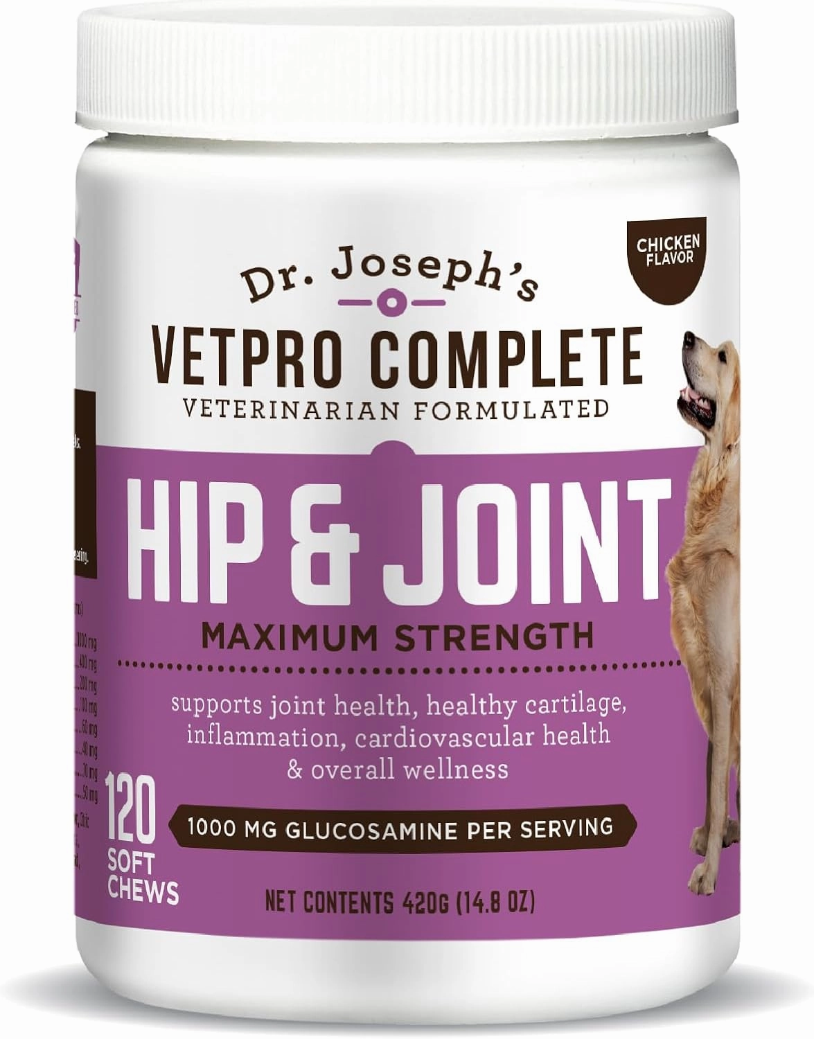 Dr. Joseph's VetPro Complete Dog Hip and Joint Supplement, 120 Count, Chicken Flavored Pain and Inflammation Relief Chews with Glucosamine, Chondroitin, MSM, Turmeric, Vitamin C, Omega 3
