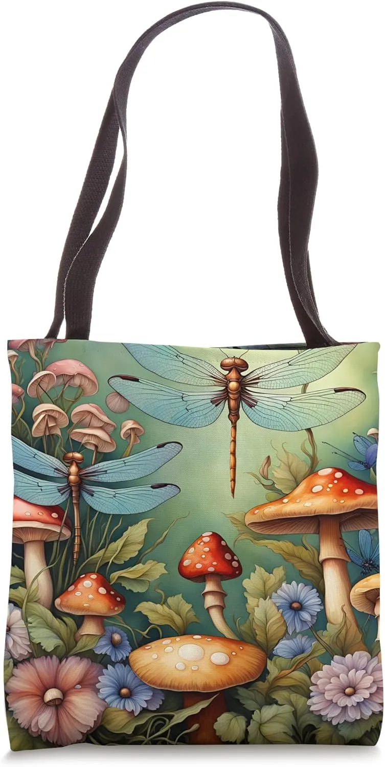 Dragonflies Fly Above Pretty Mushrooms Art Nouveau Fairyland Tote Bag