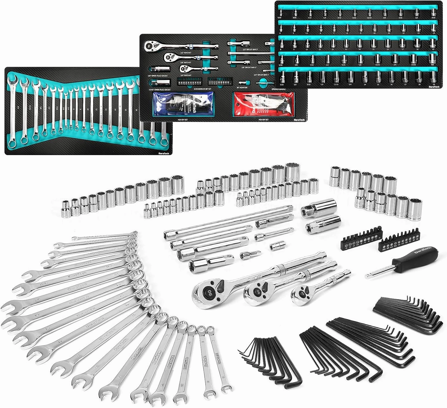 DURATECH 149-Piece Mechanics Tool Set, Include SAE/Metric Sockets, 90-Tooth Ratchet and Wrench Set for Auto Repair