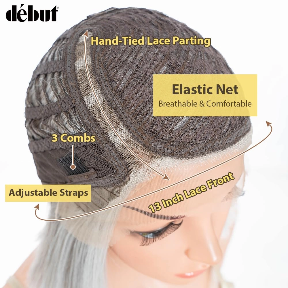 DÉBUT Lace Front Bob Wigs Ombre Highlight Light Gray with Brown Side Part with Hand-Tied Lace Front Short Bob Ombre Grey Synthetic Wig for Women