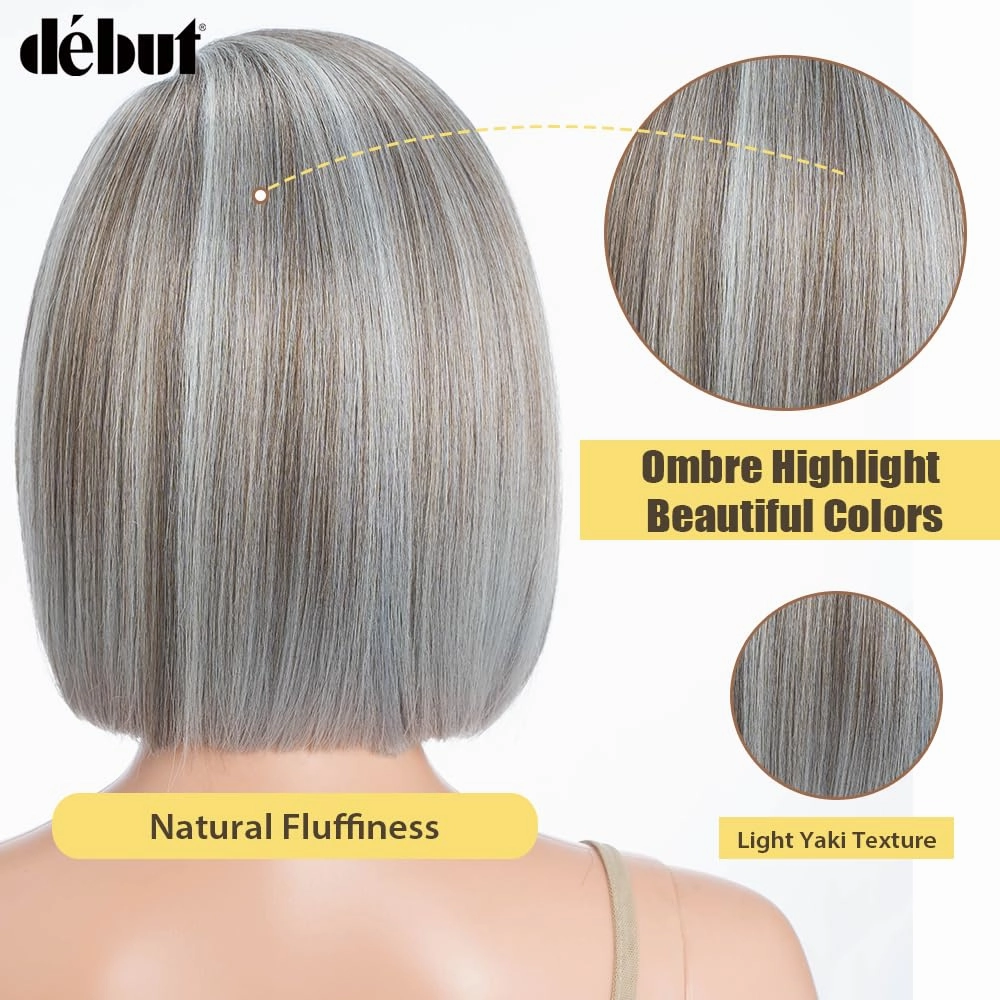 DÉBUT Lace Front Bob Wigs Ombre Highlight Light Gray with Brown Side Part with Hand-Tied Lace Front Short Bob Ombre Grey Synthetic Wig for Women