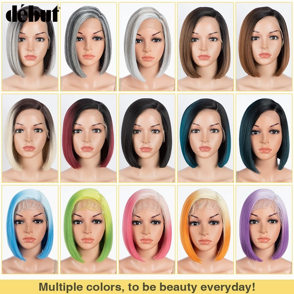 DÉBUT Lace Front Bob Wigs Ombre Highlight Light Gray with Brown Side Part with Hand-Tied Lace Front Short Bob Ombre Grey Synthetic Wig for Women