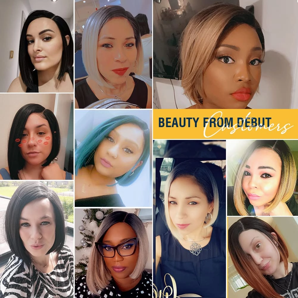 DÉBUT Lace Front Bob Wigs Ombre Highlight Light Gray with Brown Side Part with Hand-Tied Lace Front Short Bob Ombre Grey Synthetic Wig for Women