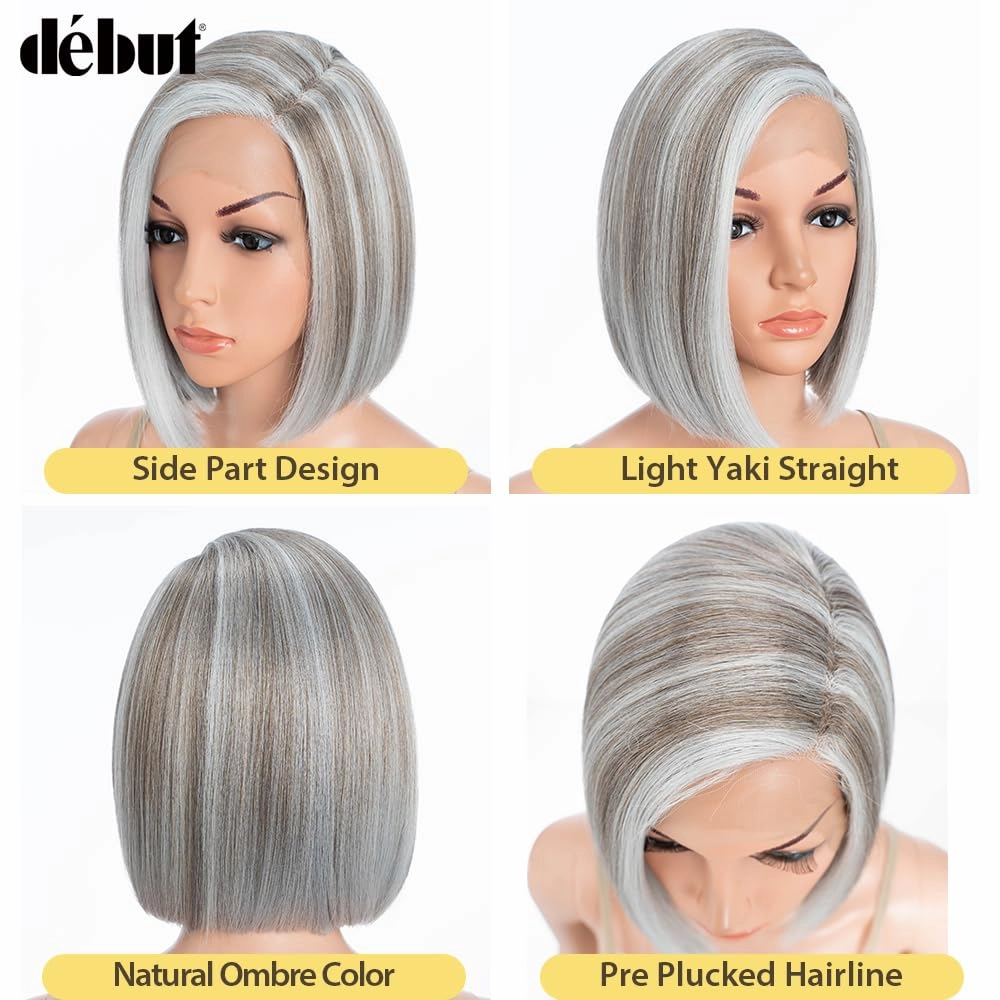 DÉBUT Lace Front Bob Wigs Ombre Highlight Light Gray with Brown Side Part with Hand-Tied Lace Front Short Bob Ombre Grey Synthetic Wig for Women