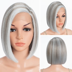 DÉBUT Lace Front Bob Wigs Ombre Highlight Light Gray with Brown Side Part with Hand-Tied Lace Front Short Bob Ombre Grey Synthetic Wig for Women