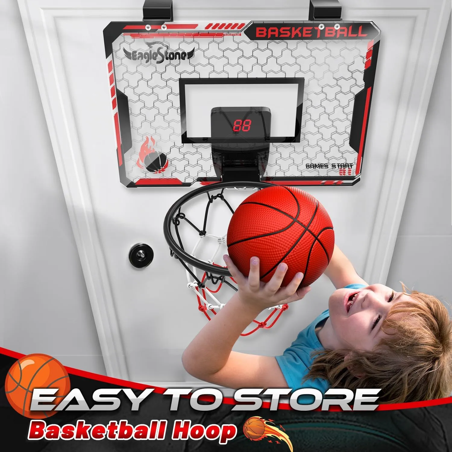 EagleStone Mini Indoor Basketball Hoop with Scoreboard,4 Balls & Pump,Over The Door Bedroom Office Basketball Hoop for 6 7 8 9 10 11 12  Year Old Kids Boys Birthday
