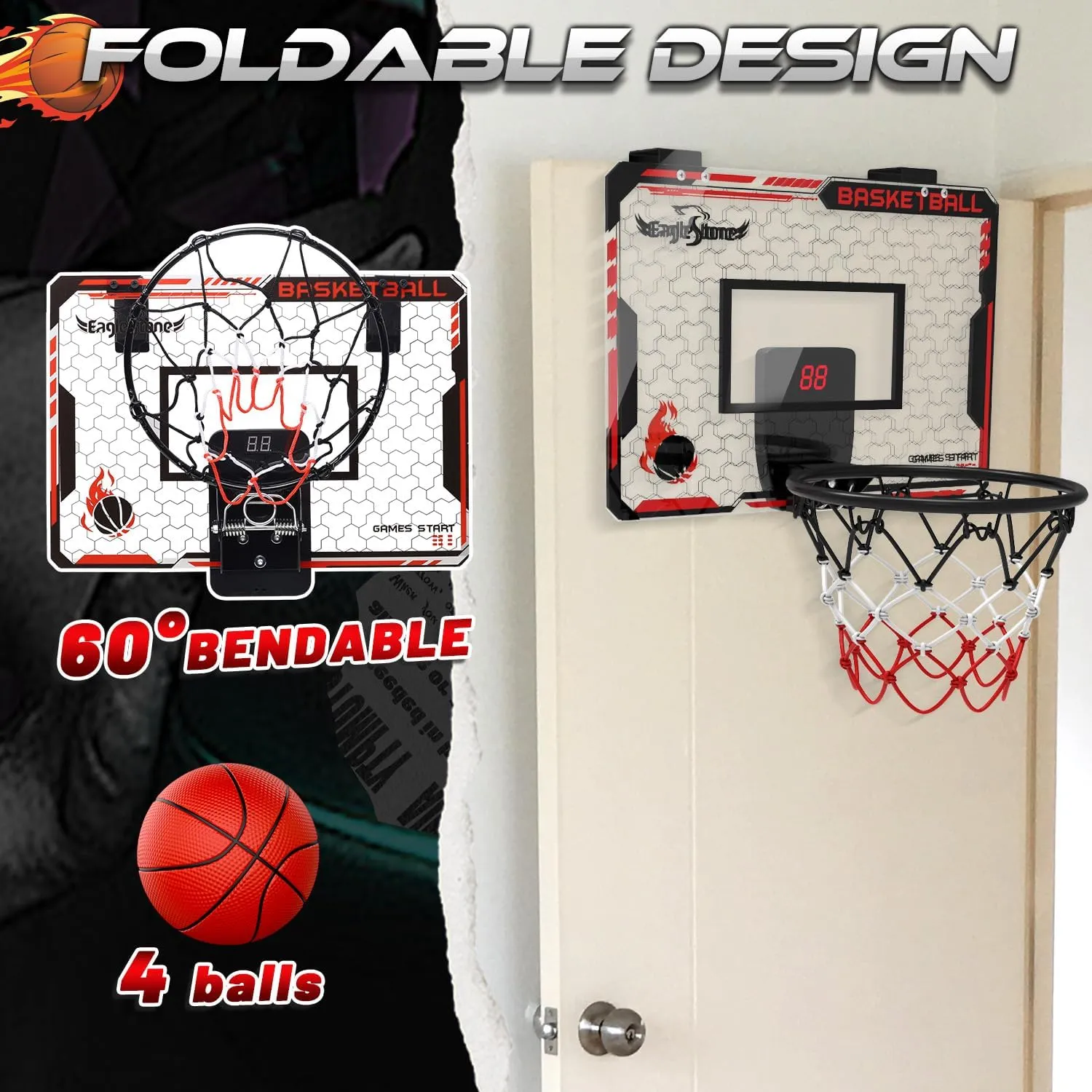 EagleStone Mini Indoor Basketball Hoop with Scoreboard,4 Balls & Pump,Over The Door Bedroom Office Basketball Hoop for 6 7 8 9 10 11 12  Year Old Kids Boys Birthday