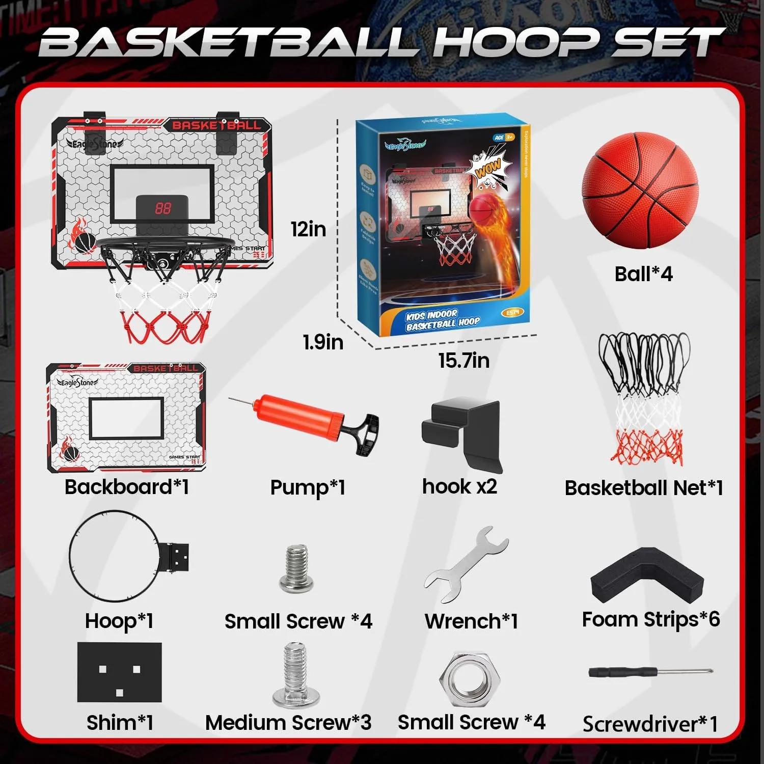 EagleStone Mini Indoor Basketball Hoop with Scoreboard,4 Balls & Pump,Over The Door Bedroom Office Basketball Hoop for 6 7 8 9 10 11 12  Year Old Kids Boys Birthday