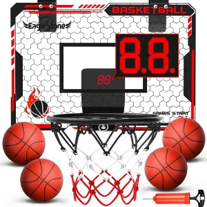 EagleStone Mini Indoor Basketball Hoop with Scoreboard,4 Balls & Pump,Over The Door Bedroom Office Basketball Hoop for 6 7 8 9 10 11 12  Year Old Kids Boys Birthday
