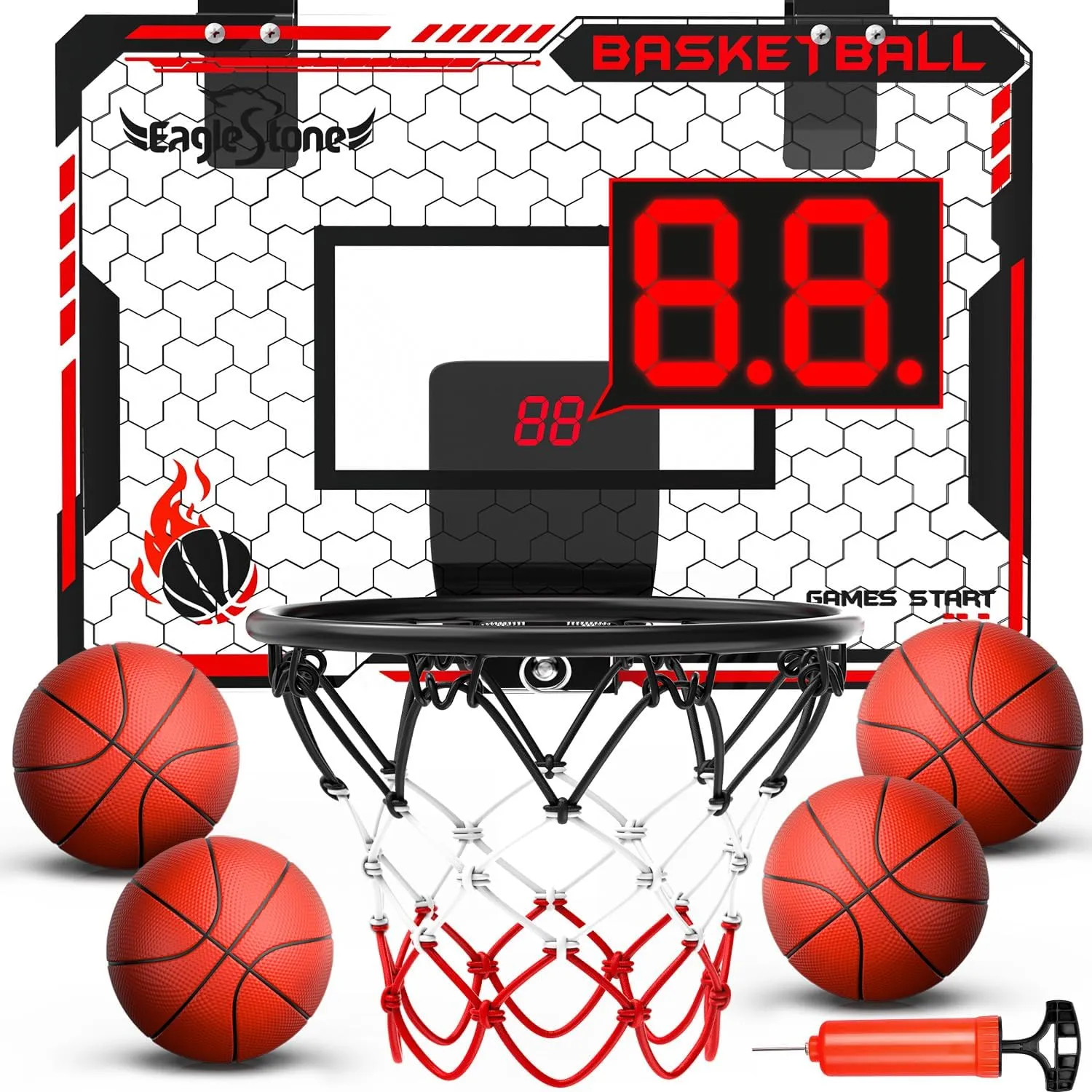 EagleStone Mini Indoor Basketball Hoop with Scoreboard,4 Balls & Pump,Over The Door Bedroom Office Basketball Hoop for 6 7 8 9 10 11 12  Year Old Kids Boys Birthday