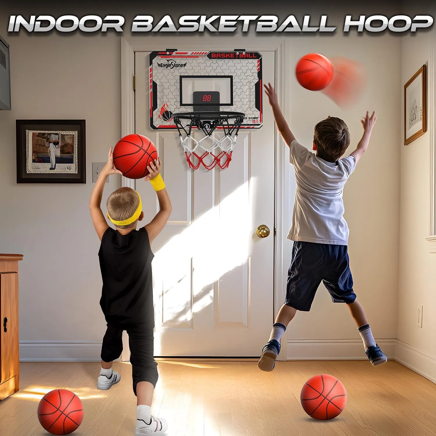 EagleStone Mini Indoor Basketball Hoop with Scoreboard,4 Balls & Pump,Over The Door Bedroom Office Basketball Hoop for 6 7 8 9 10 11 12  Year Old Kids Boys Birthday