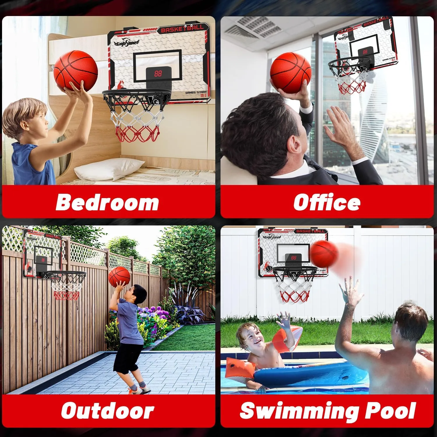 EagleStone Mini Indoor Basketball Hoop with Scoreboard,4 Balls & Pump,Over The Door Bedroom Office Basketball Hoop for 6 7 8 9 10 11 12  Year Old Kids Boys Birthday