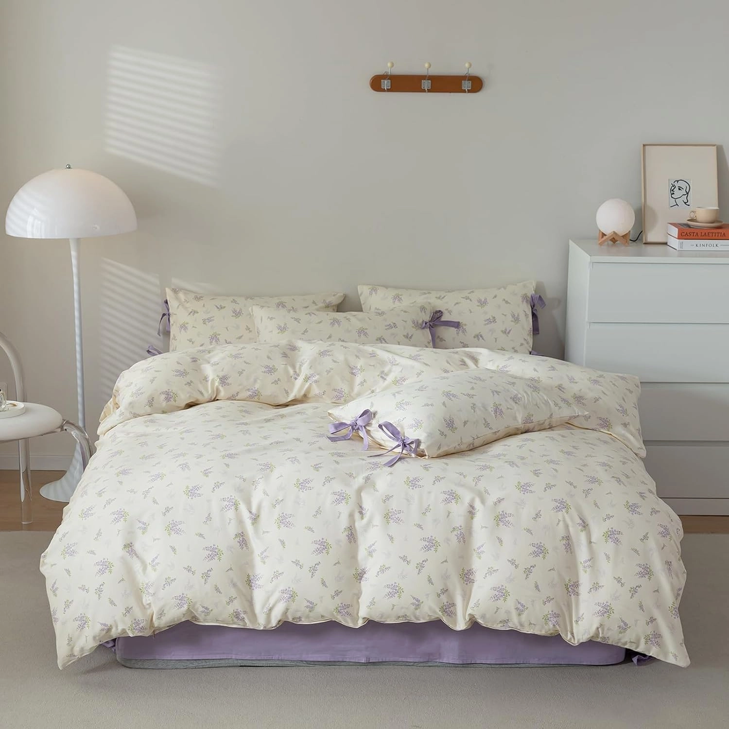 EAVD Botanical Floral Duvet Cover King Soft 100% Cotton Chic Garden Floral Bedding Set with 2 Pillowcases Fresh Purple Floral Comforter Cover with Zipper Closure Ties
