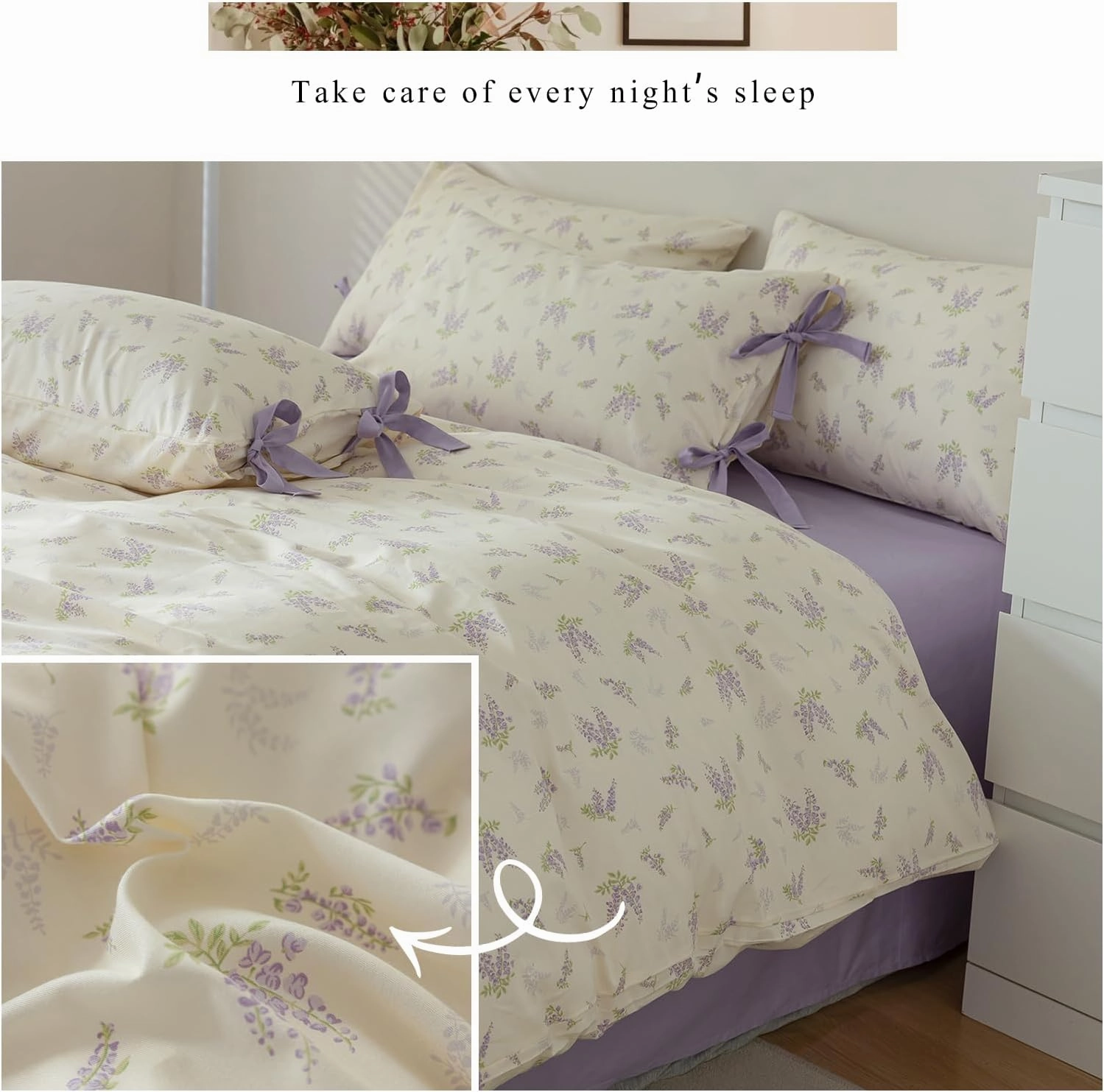 EAVD Botanical Floral Duvet Cover King Soft 100% Cotton Chic Garden Floral Bedding Set with 2 Pillowcases Fresh Purple Floral Comforter Cover with Zipper Closure Ties