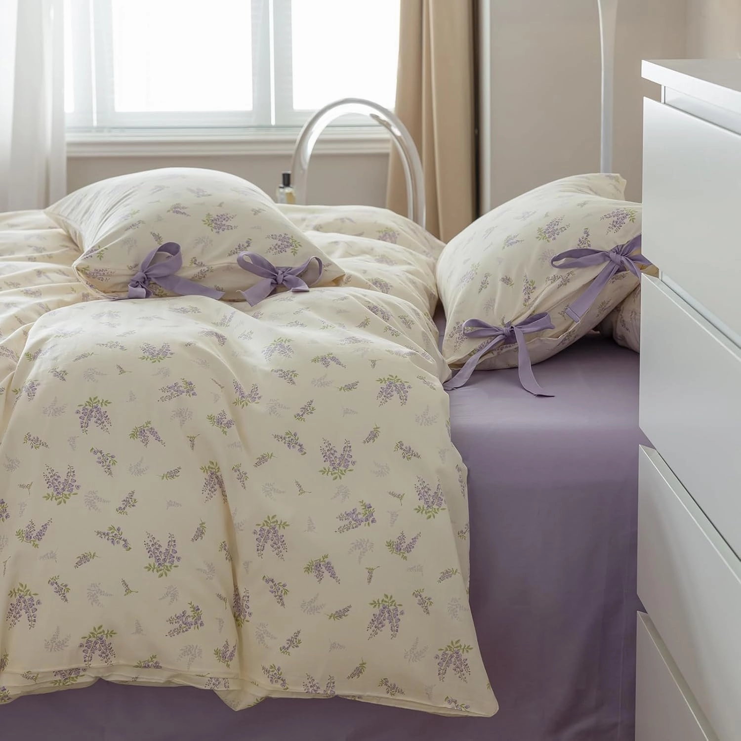 EAVD Botanical Floral Duvet Cover King Soft 100% Cotton Chic Garden Floral Bedding Set with 2 Pillowcases Fresh Purple Floral Comforter Cover with Zipper Closure Ties