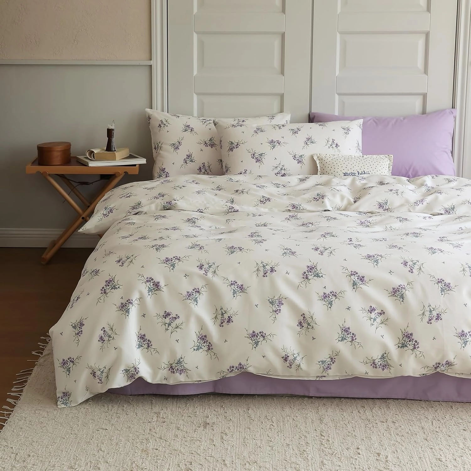 EAVD Vintage Garden Purple Floral Duvet Cover Queen Soft Cotton Chic Shabby Small Floral Bedding Set with 2 Pillowcases Reversible Fresh Botanical Duvet Cover with Zipper Closure