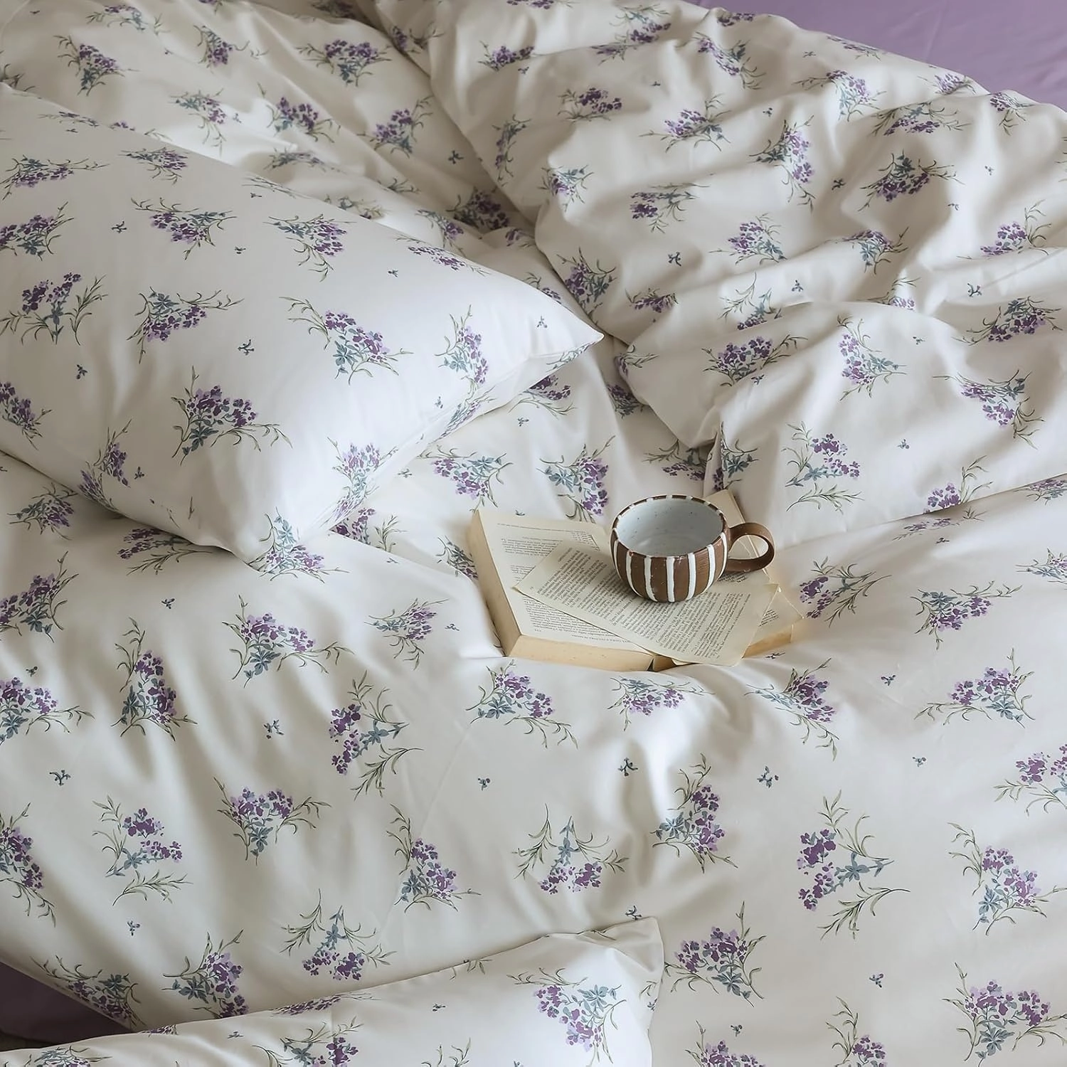 EAVD Vintage Garden Purple Floral Duvet Cover Queen Soft Cotton Chic Shabby Small Floral Bedding Set with 2 Pillowcases Reversible Fresh Botanical Duvet Cover with Zipper Closure