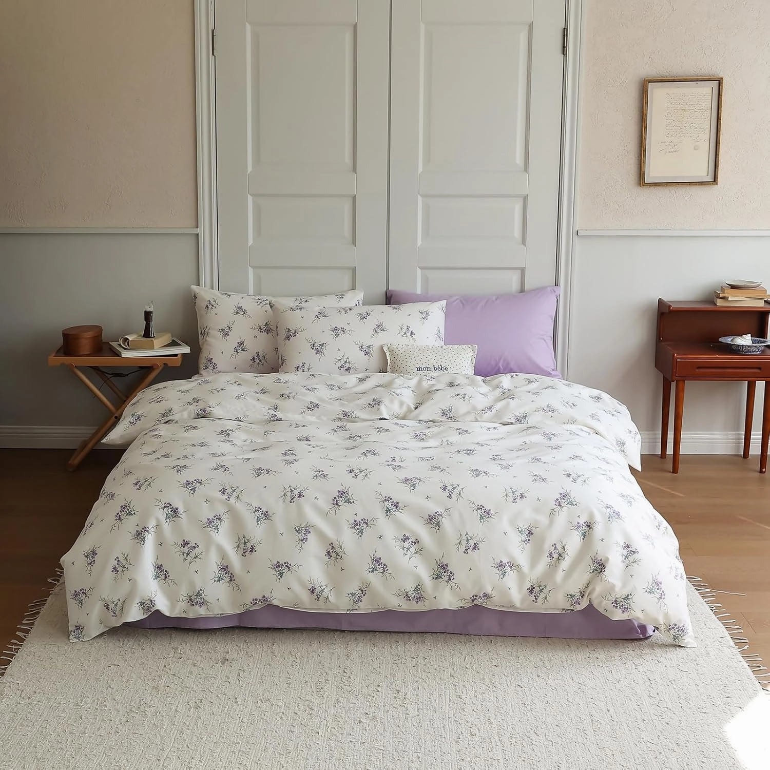 EAVD Vintage Garden Purple Floral Duvet Cover Queen Soft Cotton Chic Shabby Small Floral Bedding Set with 2 Pillowcases Reversible Fresh Botanical Duvet Cover with Zipper Closure