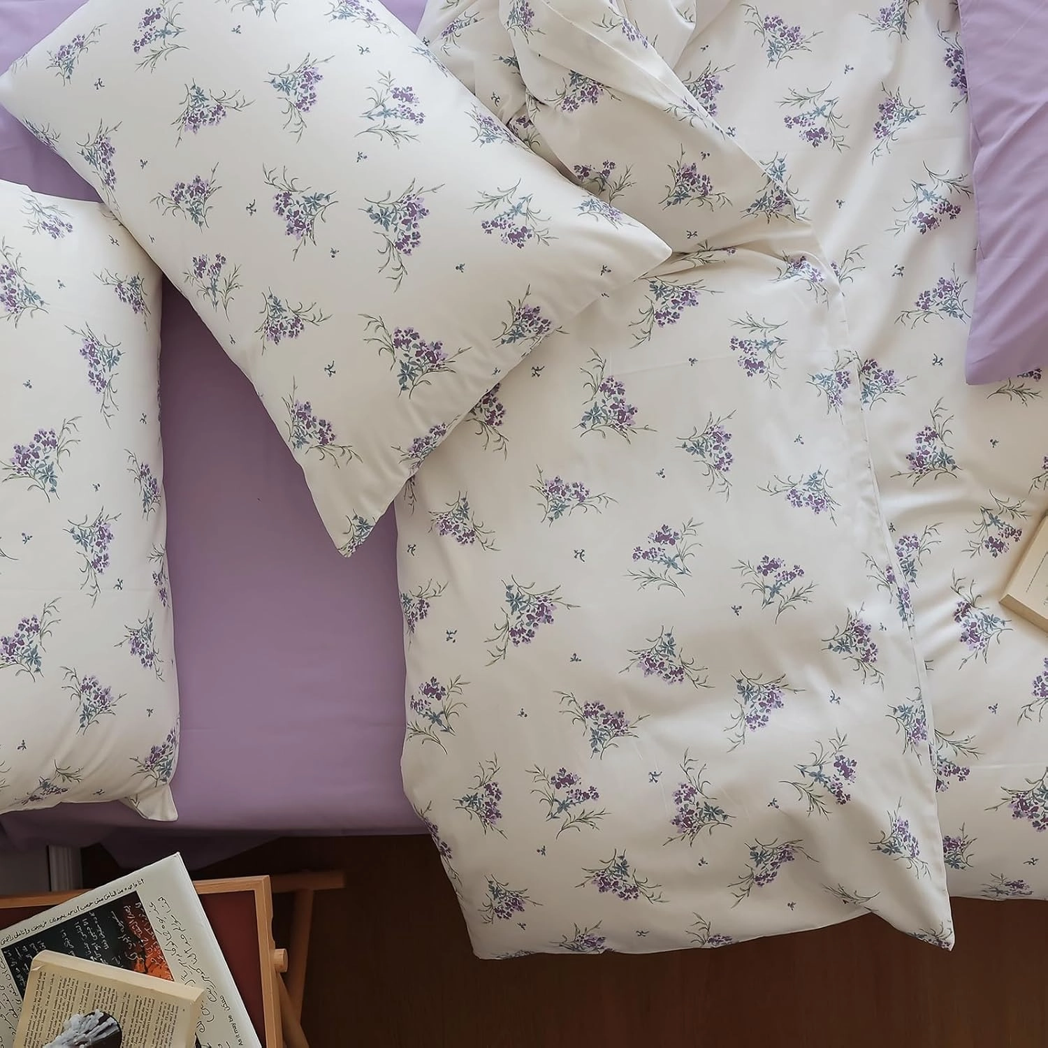EAVD Vintage Garden Purple Floral Duvet Cover Queen Soft Cotton Chic Shabby Small Floral Bedding Set with 2 Pillowcases Reversible Fresh Botanical Duvet Cover with Zipper Closure