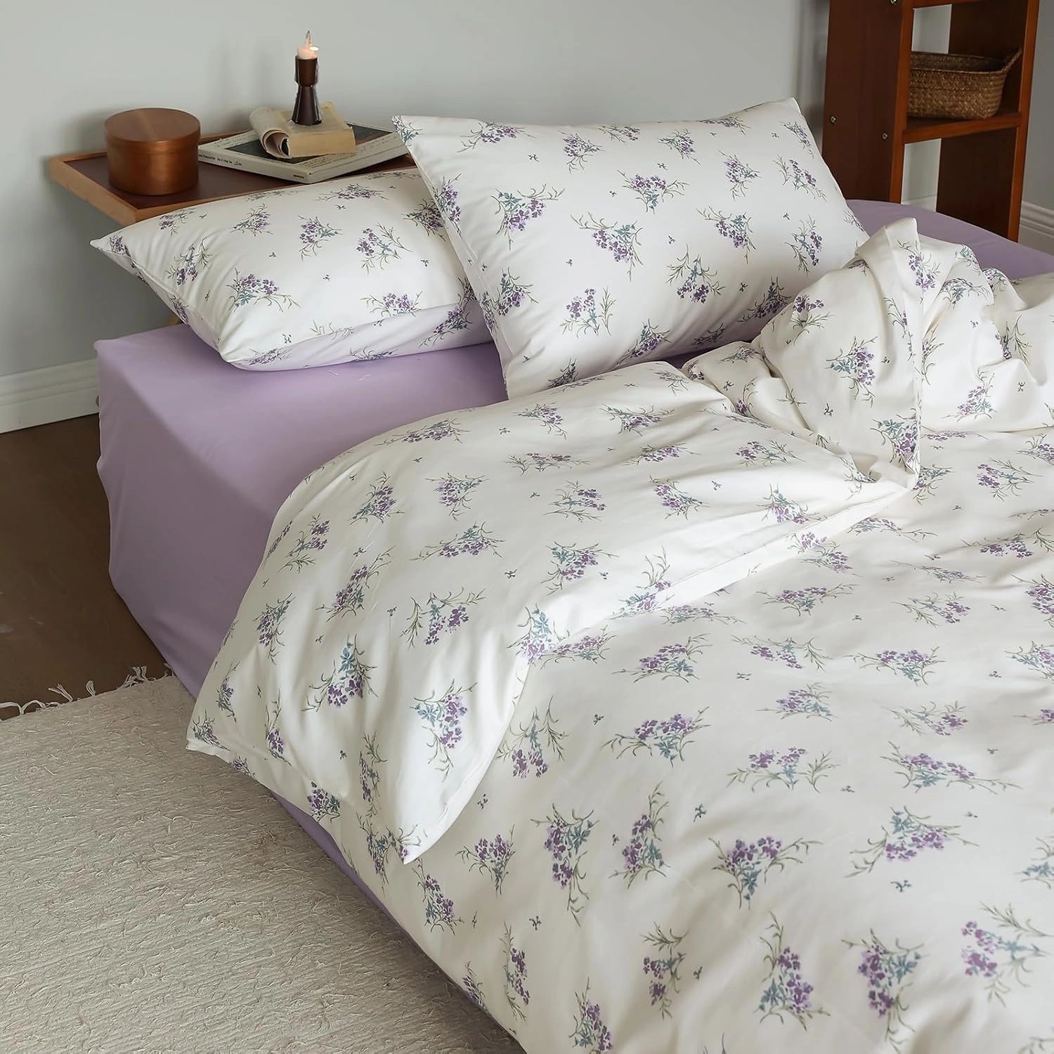 EAVD Vintage Garden Purple Floral Duvet Cover Queen Soft Cotton Chic Shabby Small Floral Bedding Set with 2 Pillowcases Reversible Fresh Botanical Duvet Cover with Zipper Closure