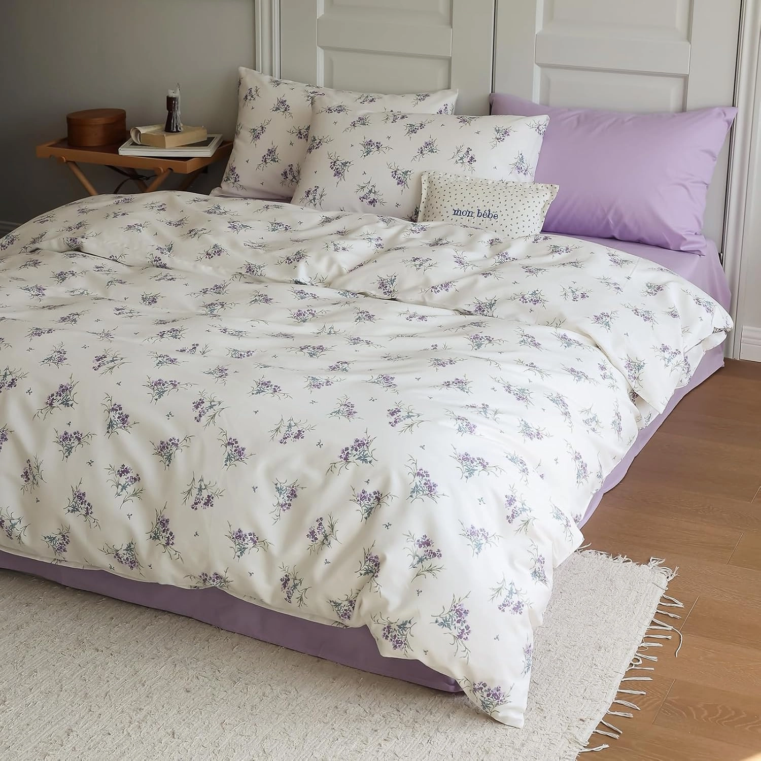 EAVD Vintage Garden Purple Floral Duvet Cover Queen Soft Cotton Chic Shabby Small Floral Bedding Set with 2 Pillowcases Reversible Fresh Botanical Duvet Cover with Zipper Closure