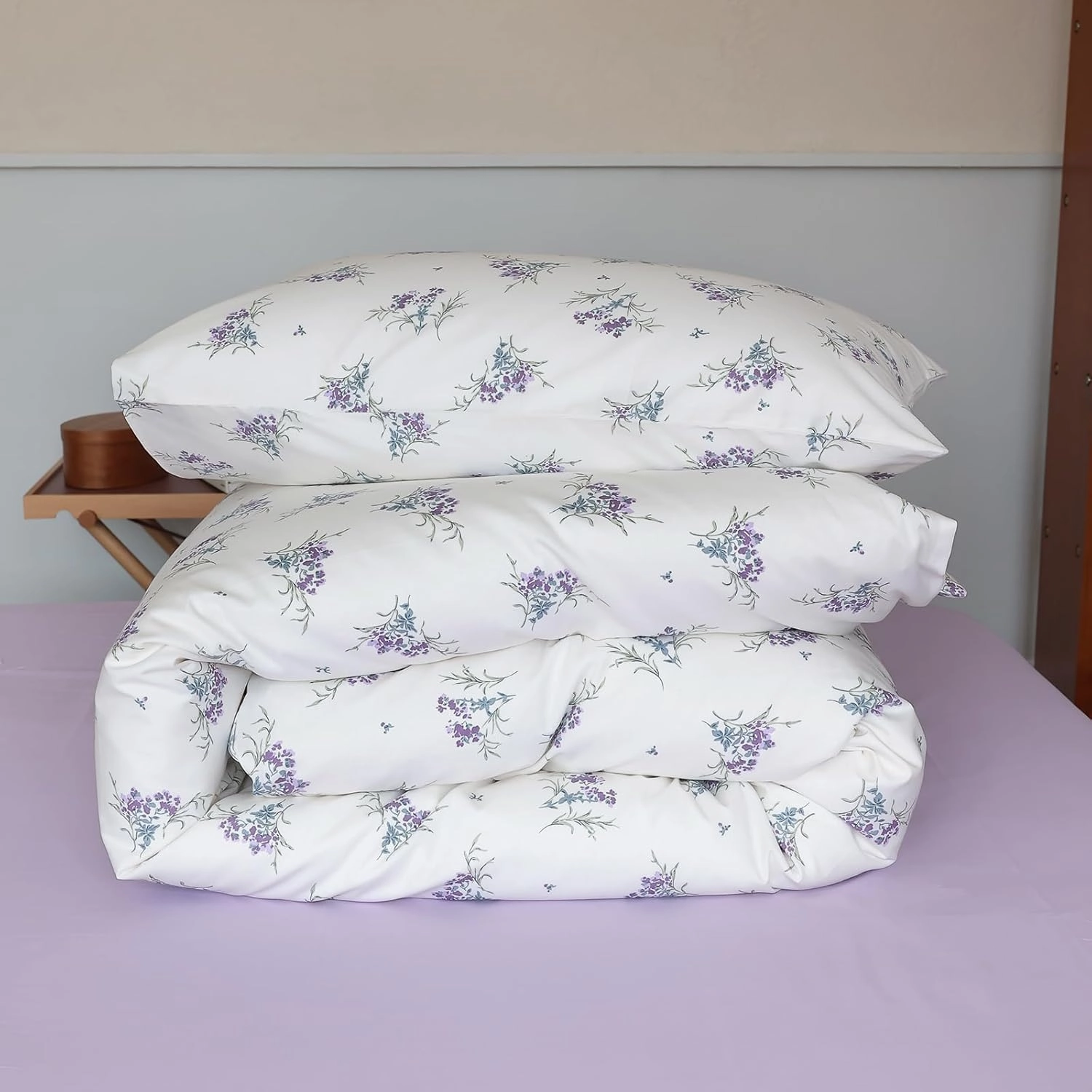 EAVD Vintage Garden Purple Floral Duvet Cover Queen Soft Cotton Chic Shabby Small Floral Bedding Set with 2 Pillowcases Reversible Fresh Botanical Duvet Cover with Zipper Closure