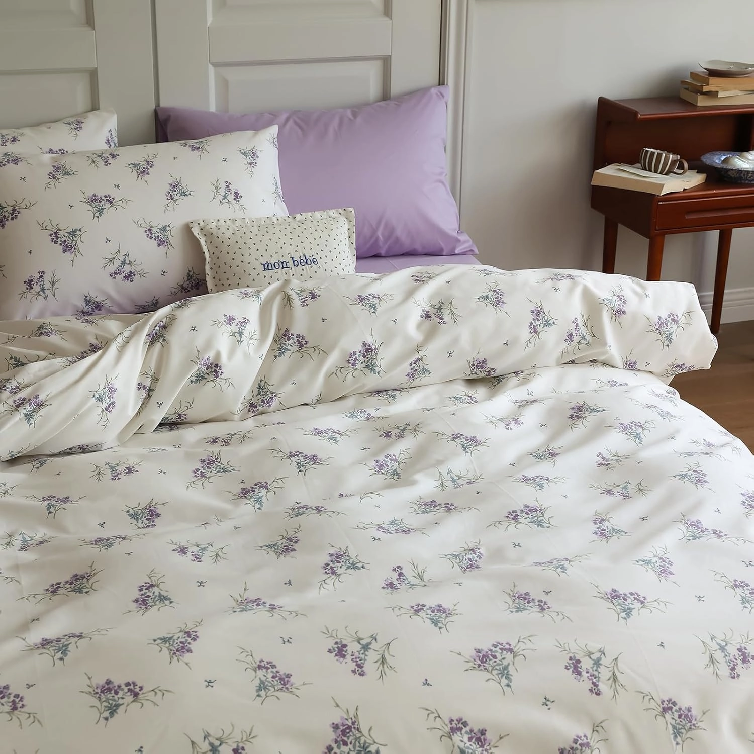 EAVD Vintage Garden Purple Floral Duvet Cover Queen Soft Cotton Chic Shabby Small Floral Bedding Set with 2 Pillowcases Reversible Fresh Botanical Duvet Cover with Zipper Closure