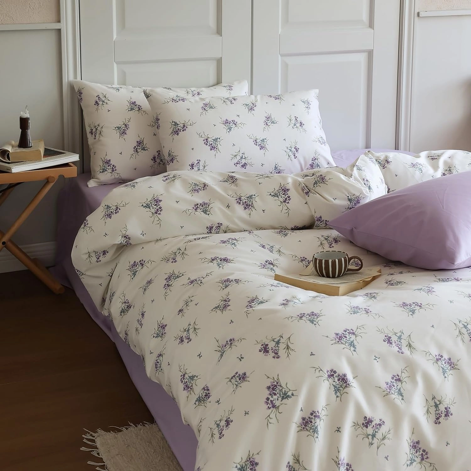 EAVD Vintage Garden Purple Floral Duvet Cover Queen Soft Cotton Chic Shabby Small Floral Bedding Set with 2 Pillowcases Reversible Fresh Botanical Duvet Cover with Zipper Closure