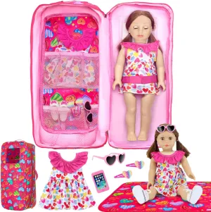 Ecore Fun Dolls Travel Carrier Case with 7 Pcs 18 Inch Doll Clothes and Accessories,Girl Doll Bag for 16-18 Inch Dolls,Doll Storage Case Organizer for Doll Accessories(No Doll)