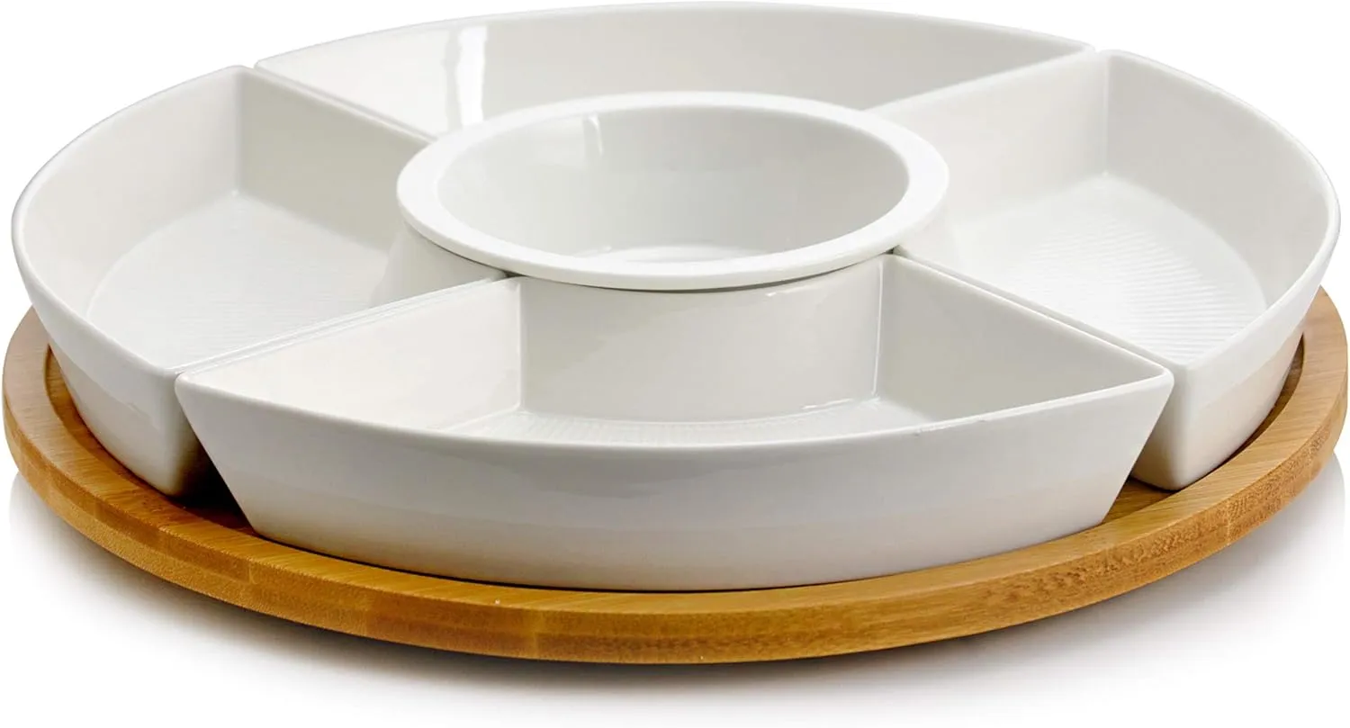 Elama Ceramic Stoneware Condiment Appetizer Set, 6, Center Piece Round in White and Natural Bamboo