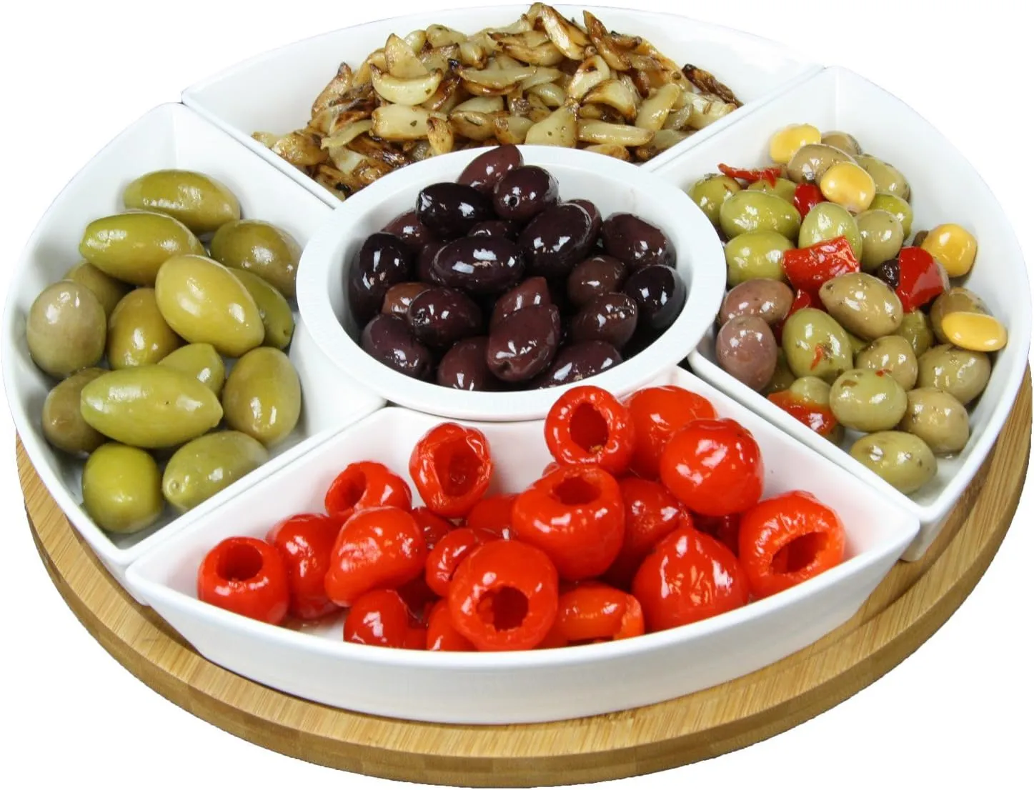Elama Ceramic Stoneware Condiment Appetizer Set, 6, Center Piece Round in White and Natural Bamboo