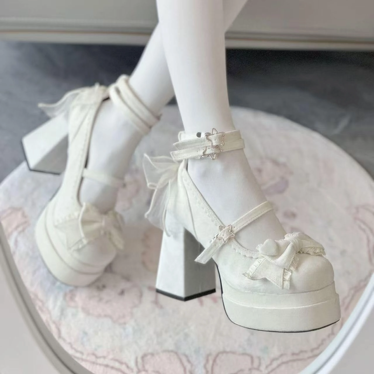 Emo Wedding Shoes Mary Janes Block Heels Bow Star Rococo Lolita Y2K Retro Rave Grunge Doll Shoes for Women Preppy Teen Girls - Goth Kawaii Cute Comfortable Walking Birthday Gifts Back to School
