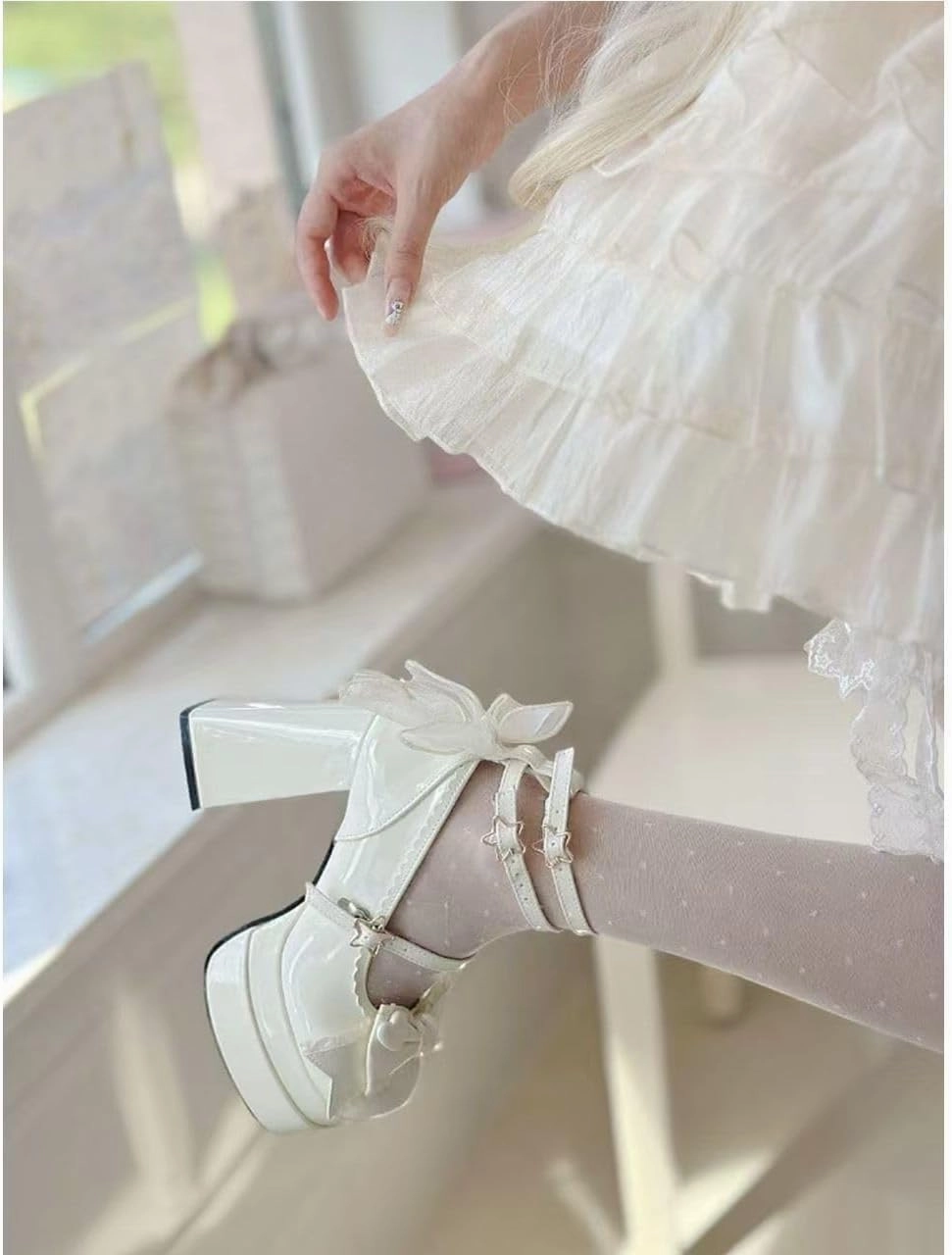 Emo Wedding Shoes Mary Janes Block Heels Bow Star Rococo Lolita Y2K Retro Rave Grunge Doll Shoes for Women Preppy Teen Girls - Goth Kawaii Cute Comfortable Walking Birthday Gifts Back to School