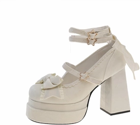 Emo Wedding Shoes Mary Janes Block Heels Bow Star Rococo Lolita Y2K Retro Rave Grunge Doll Shoes for Women Preppy Teen Girls - Goth Kawaii Cute Comfortable Walking Birthday Gifts Back to School