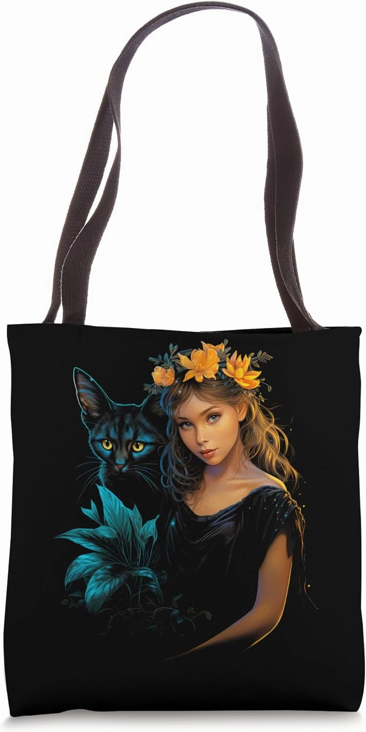 Enchanted Cute Fairy and Black Cat: Magical Floral Portrayal Tote Bag