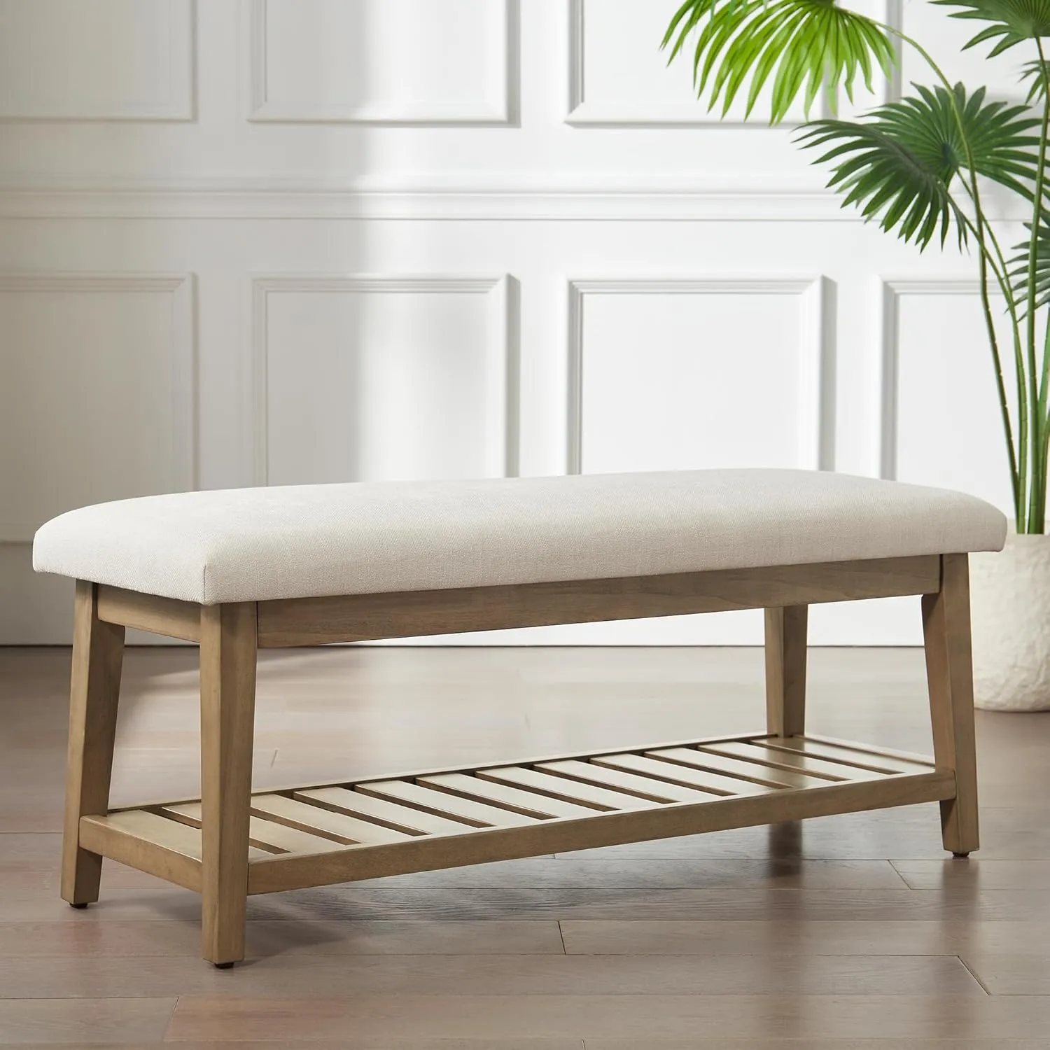 Entryway Bench, Chenille Upholstered Shoe Benches for Bedroom, Ottoman Bench with Solid Wood Shelf, Storage Benches for Hallway, Living Room(Beige)