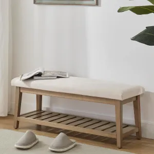Entryway Bench, Chenille Upholstered Shoe Benches for Bedroom, Ottoman Bench with Solid Wood Shelf, Storage Benches for Hallway, Living Room(Beige)
