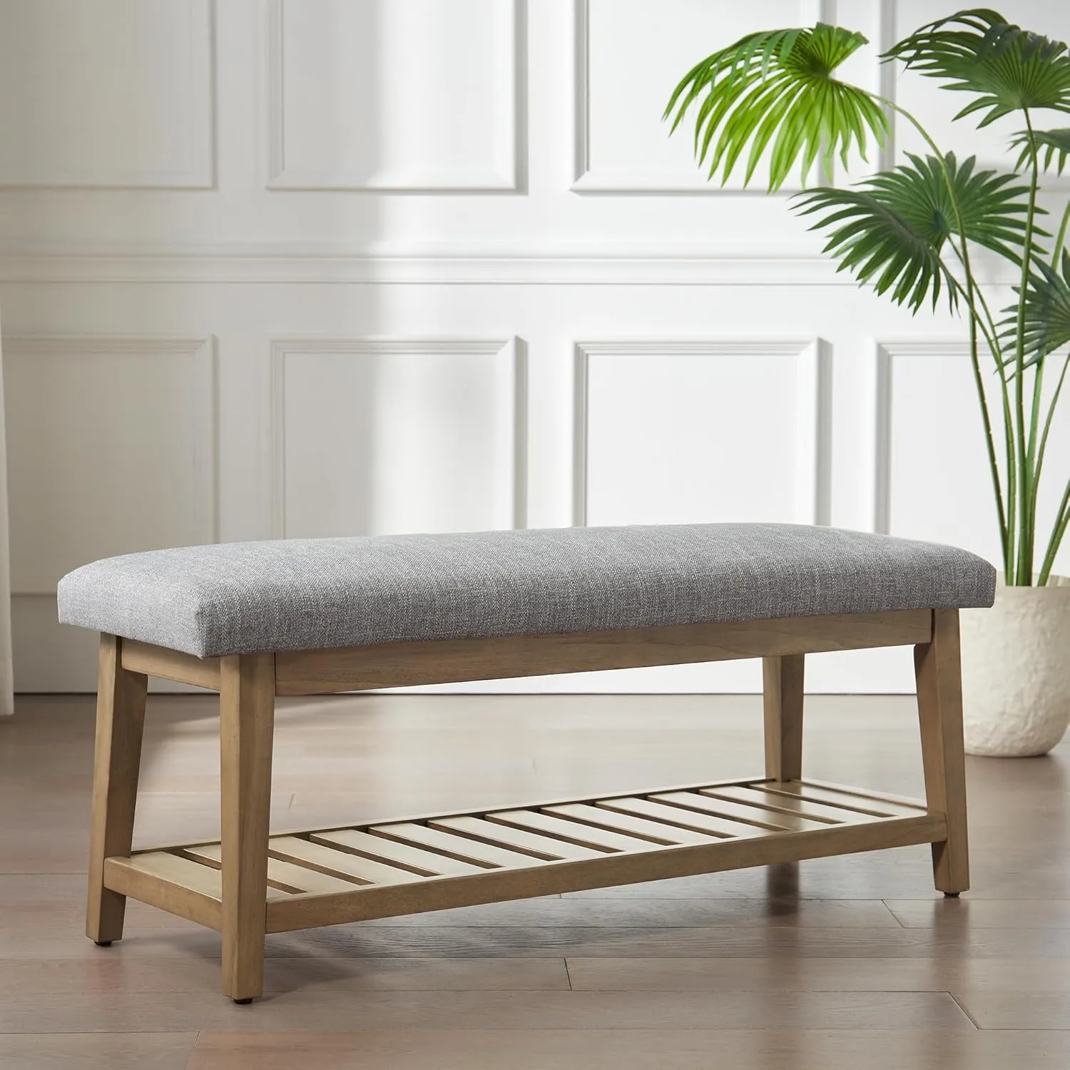 Entryway Bench, Chenille Upholstered Shoe Benches for Bedroom, Ottoman Benches with Solid Wood Shelf, Storage Bench for Hallway, Living Room(Grey)
