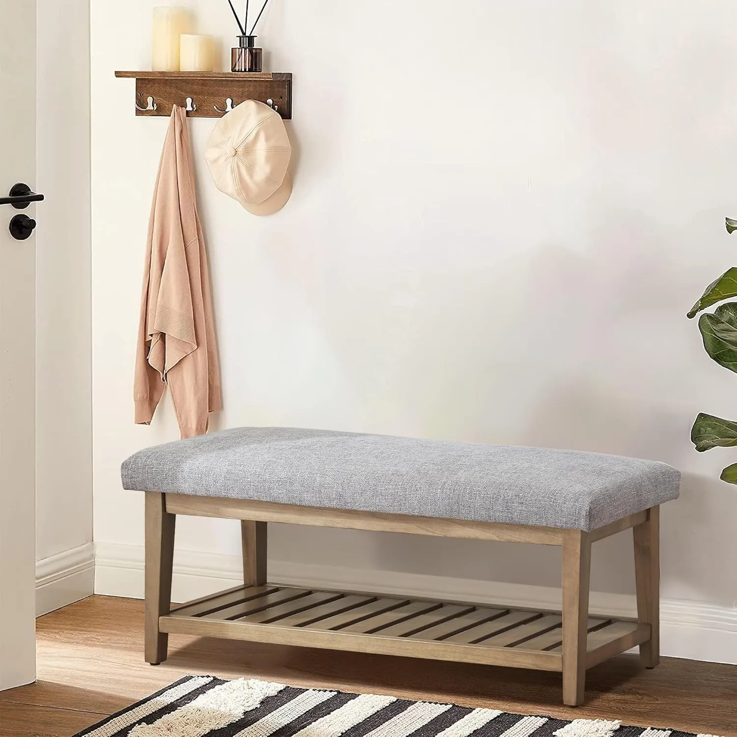 Entryway Bench, Chenille Upholstered Shoe Benches for Bedroom, Ottoman Benches with Solid Wood Shelf, Storage Bench for Hallway, Living Room(Grey)