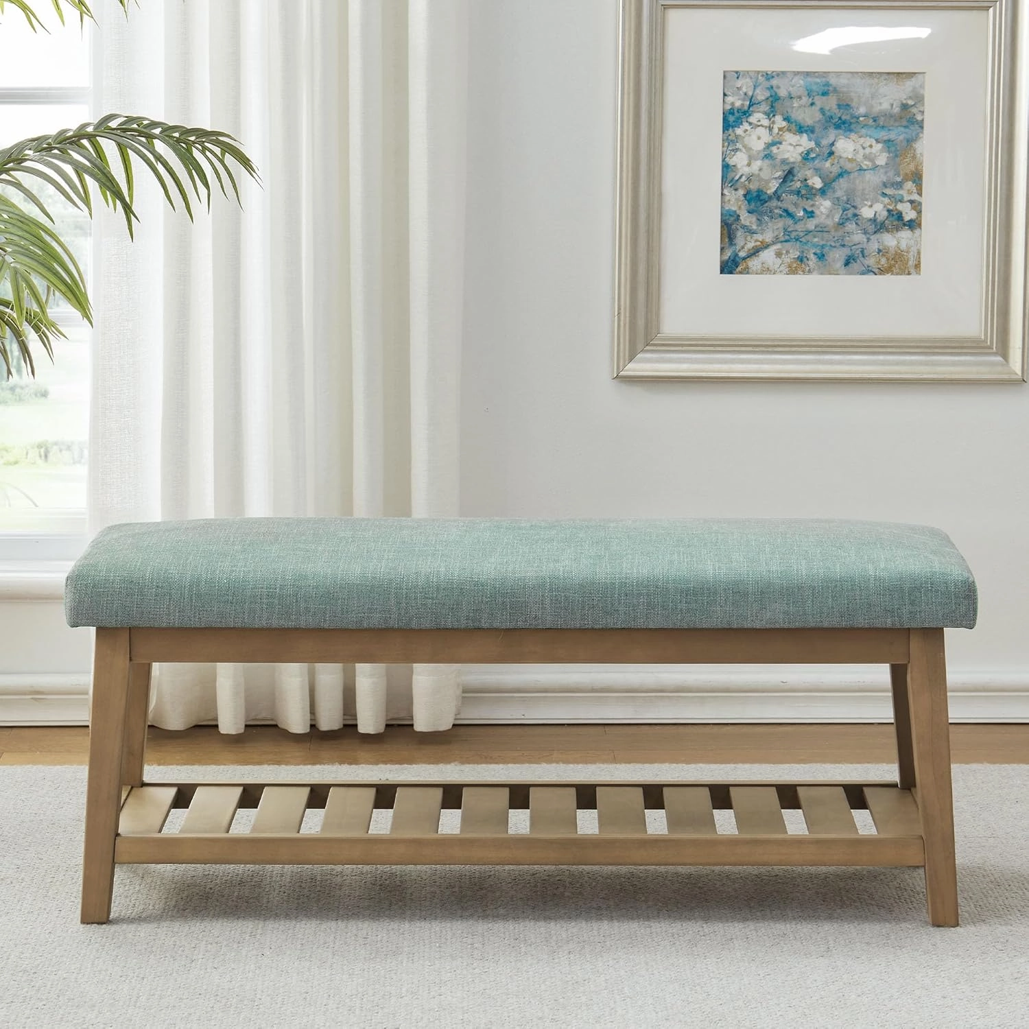 Entryway Shoe Bench with Cushion, End of Bed Bench,Upholstered Bench for Kitchen, Bench with Solid Wood Shelf, Fabric Ottoman Bench for Hallway, Living Room (Teal)
