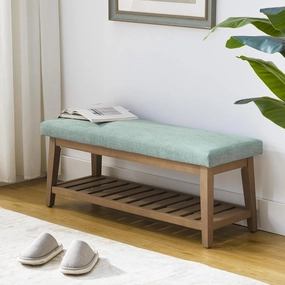 Entryway Shoe Bench with Cushion, End of Bed Bench,Upholstered Bench for Kitchen, Bench with Solid Wood Shelf, Fabric Ottoman Bench for Hallway, Living Room (Teal)