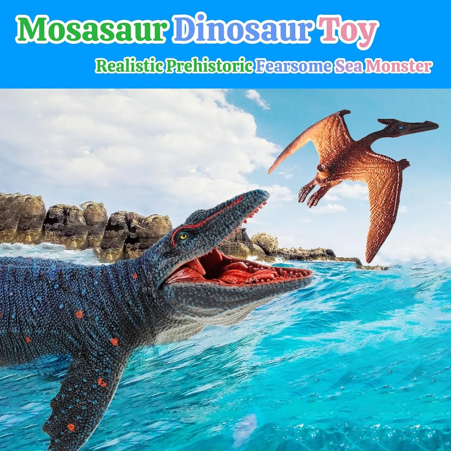 EOIVSH Large Mosasaurus Toy, Top Ocean Pretector Giant Mosasaurus Biting a Pterosaur, Prehistoric Sea Monster Dinosaur Toy Figure for Collectors, Decoration, Gift