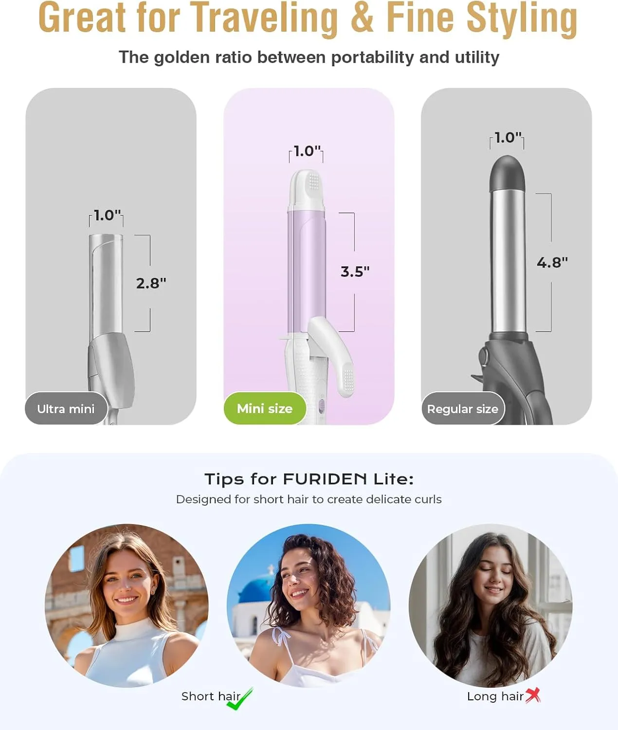 Europe Travel Curling Iron Mini: Dual Voltage Curling Iron for Traveling - Mini Travel Curling Irons 1 Inch with US Plug,Purple 390℉