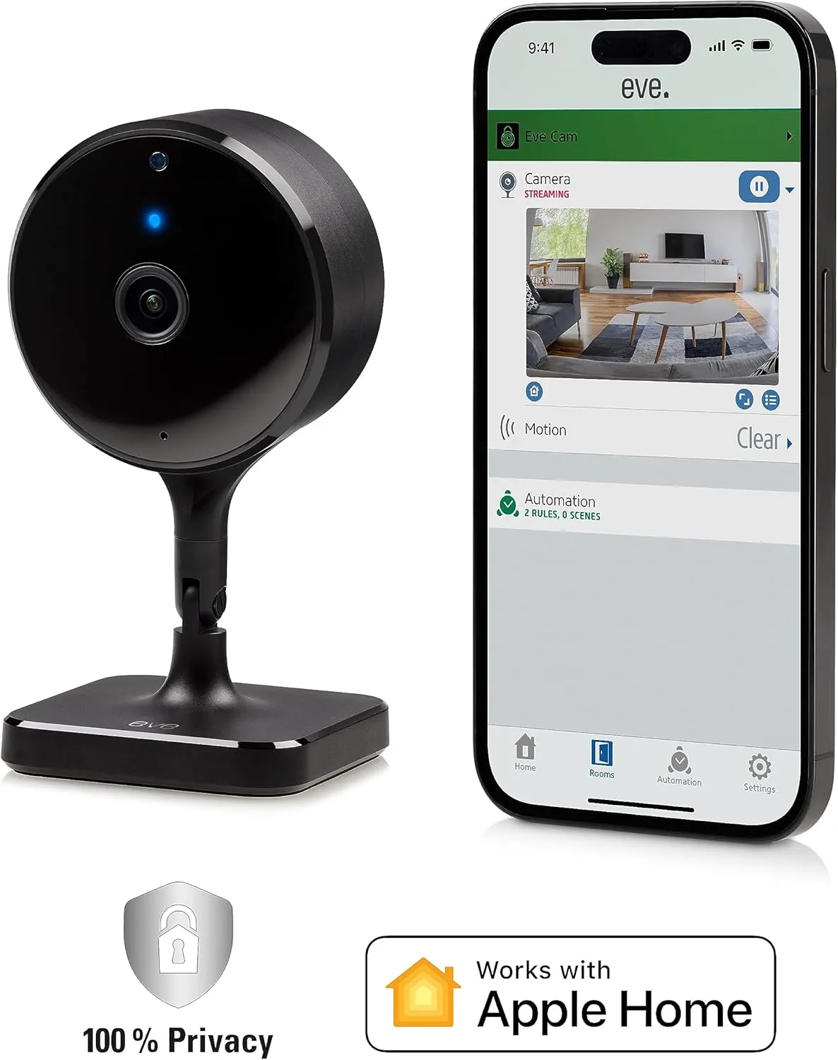 Eve Cam (2 Pack, Apple Home) – Smart Indoor Camera, 1080p Resolution, Wi-Fi, 100% Privacy, HomeKit Secure Video, iPhone Notifications, Microphone and Speaker, Night Vision, Flexible Installation