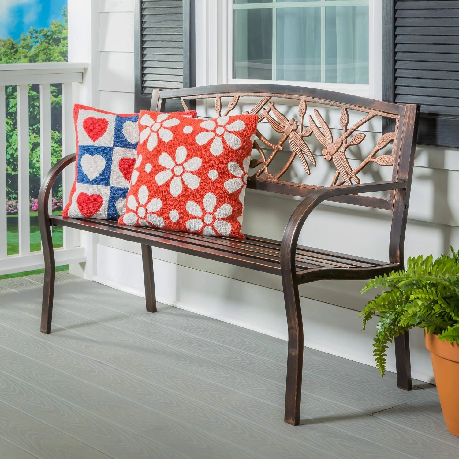 Evergreen Garden Weatherproof Dragonfly Outdoor Bench | Holds Up to 300 lbs. | Furniture for Lawn Garden Patio Porch Park Deck | Steel | Bronze