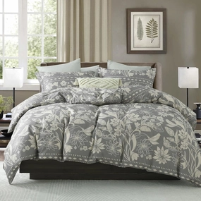 EWlinens Floral Duvet Cover Queen Size - 100% Washed Cotton Duvet Cover Set, 3 Pieces Botanical Bird Bedding Set with Zipper Closure & 8 Corner Ties, 1 Grey Duvet Cover with 2 Pillowshams, 90"x90"