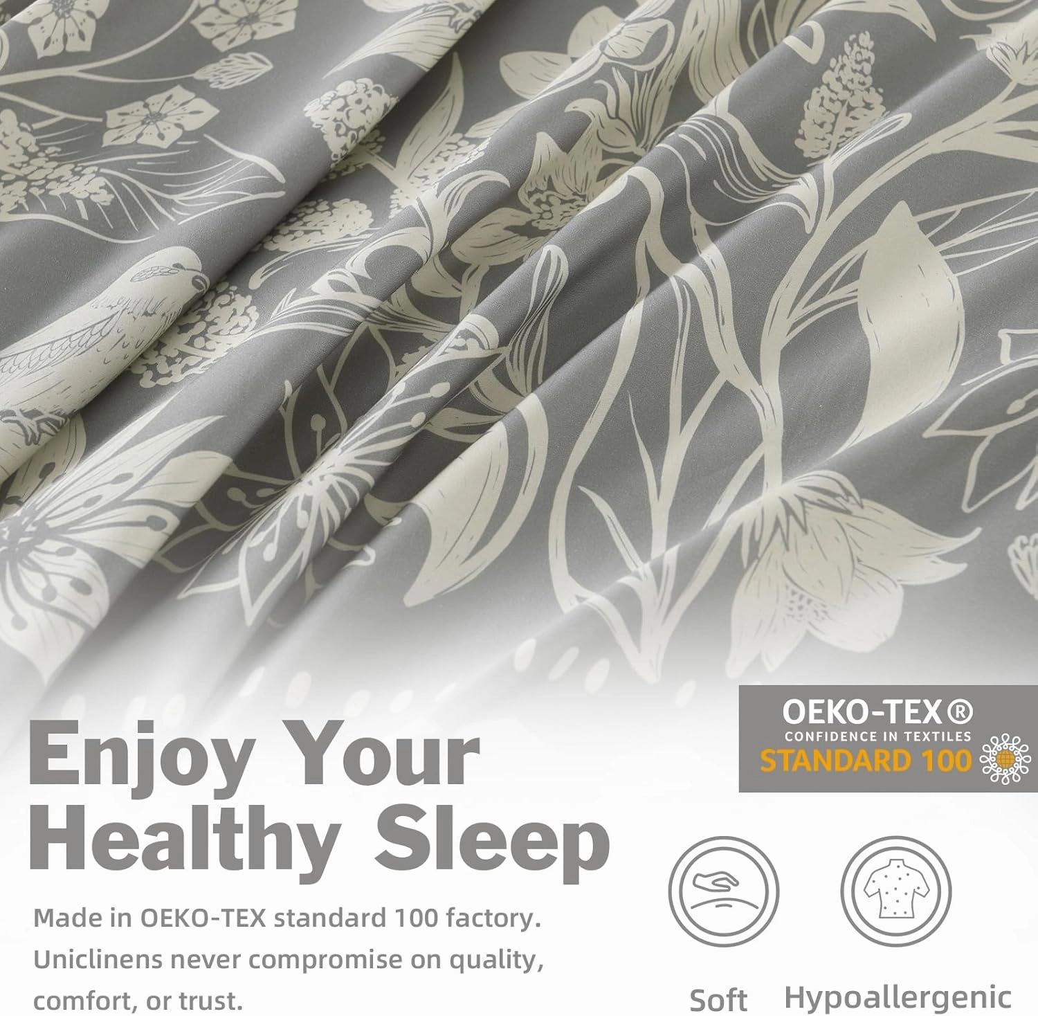 EWlinens Floral Duvet Cover Queen Size - 100% Washed Cotton Duvet Cover Set, 3 Pieces Botanical Bird Bedding Set with Zipper Closure & 8 Corner Ties, 1 Grey Duvet Cover with 2 Pillowshams, 90"x90"