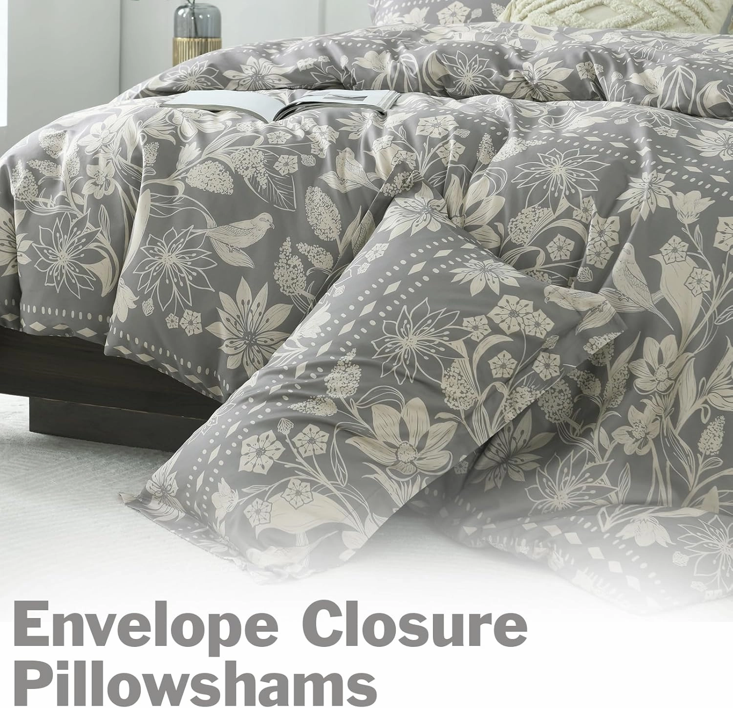 EWlinens Floral Duvet Cover Queen Size - 100% Washed Cotton Duvet Cover Set, 3 Pieces Botanical Bird Bedding Set with Zipper Closure & 8 Corner Ties, 1 Grey Duvet Cover with 2 Pillowshams, 90"x90"